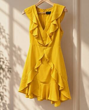 BCBGMAXAZRIA Yellow Ruffle Cocktail Dress Size 0 Sleeveless V Neck High Low